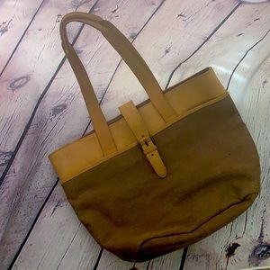 LL Bean Tan Canvas Leather Tote Bag with Flap Buckle